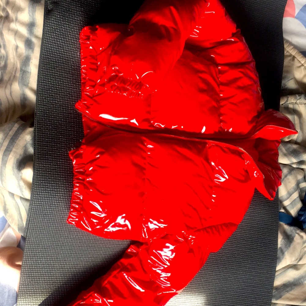 Red puffer jacket